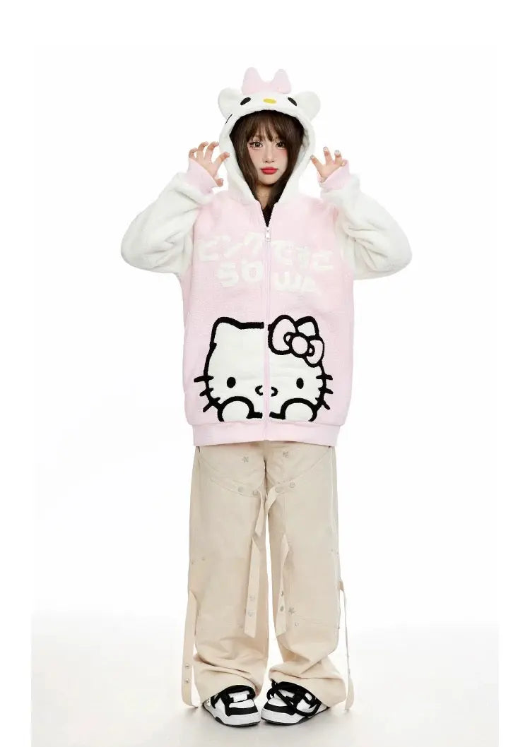 'Sweet Duo' Kawaii Streetstyle Fleeced Oversized Kitty Hoodie AlielNosirrah