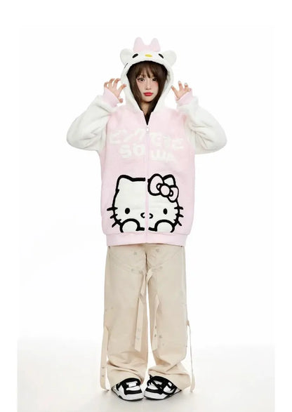 'Sweet Duo' Kawaii Streetstyle Fleeced Oversized Kitty Hoodie AlielNosirrah