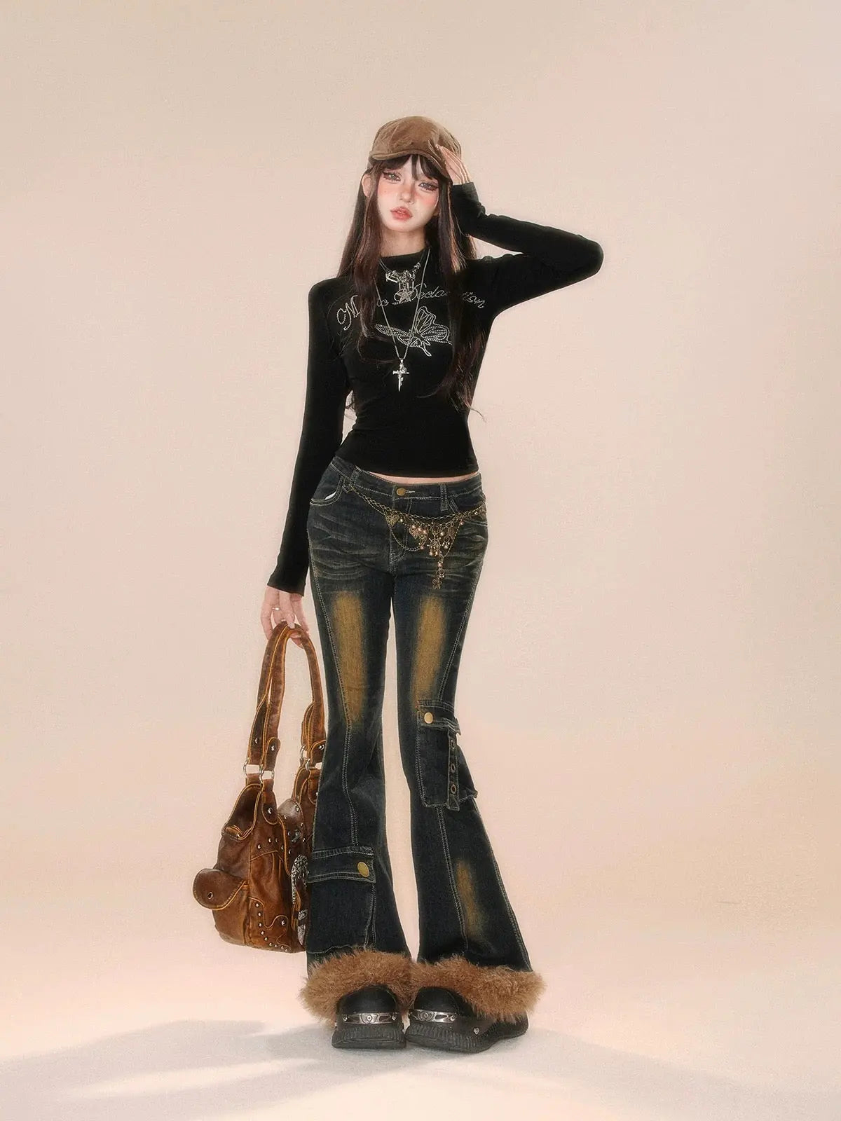 'Teddy' Retro Distressed Fluffy  Denim Bell Bottom Pants AlielNosirrah