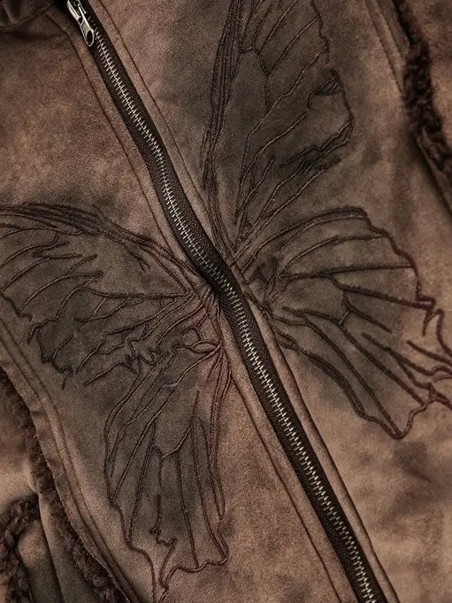 'Time Flies' Grunge Butterfly Print Distressed Vegan Leather Jacket AlielNosirrah