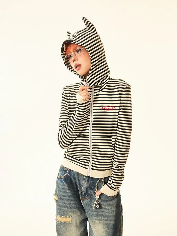 'Trouble Maker’ Kawaii Streetstyle Striped Kitty Prints Hoodie AlielNosirrah