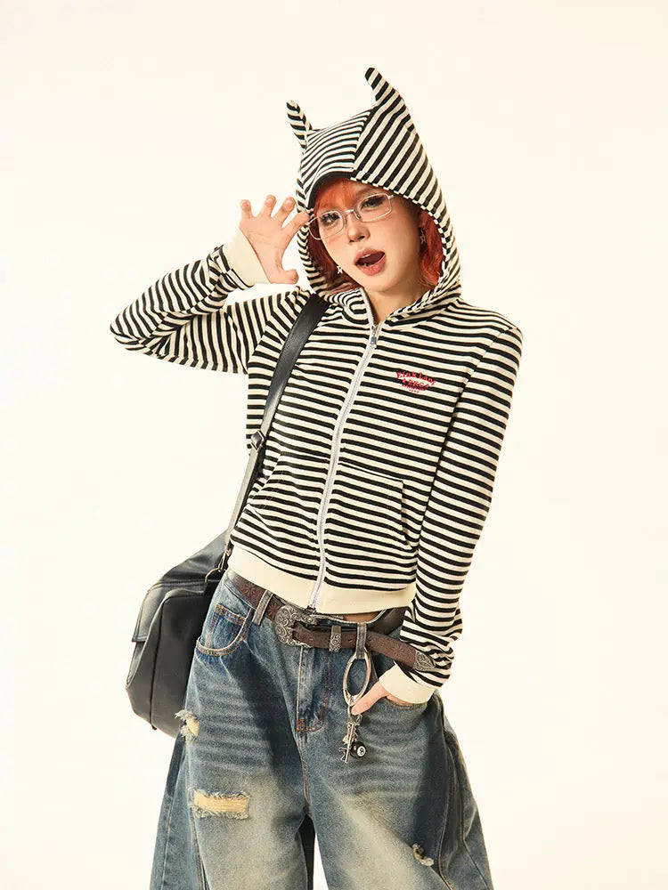 'Trouble Maker’ Kawaii Streetstyle Striped Kitty Prints Hoodie AlielNosirrah