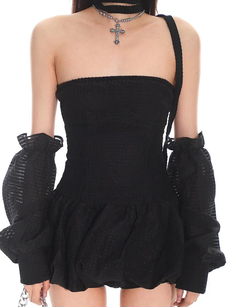 'U & Me' Doll Core Black Puff Sleeves Dress AlielNosirrah