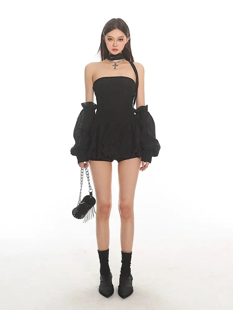 'U & Me' Doll Core Black Puff Sleeves Dress AlielNosirrah