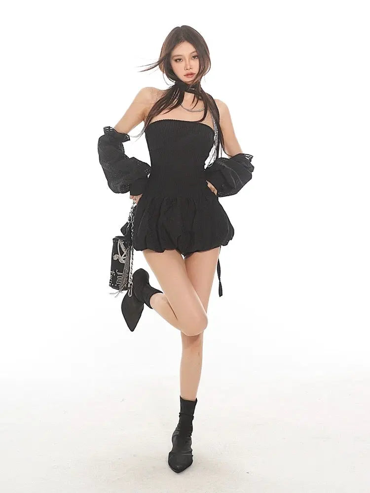 'U & Me' Doll Core Black Puff Sleeves Dress AlielNosirrah