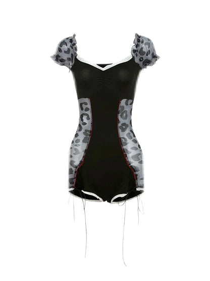 'Vowel' Y2k Cheetah Print Drawstring Lace Hem Bodysuit AlielNosirrah