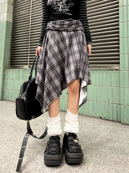 'Wallflower' Grunge Checked Irregular Hem Midi Skirt AlielNosirrah