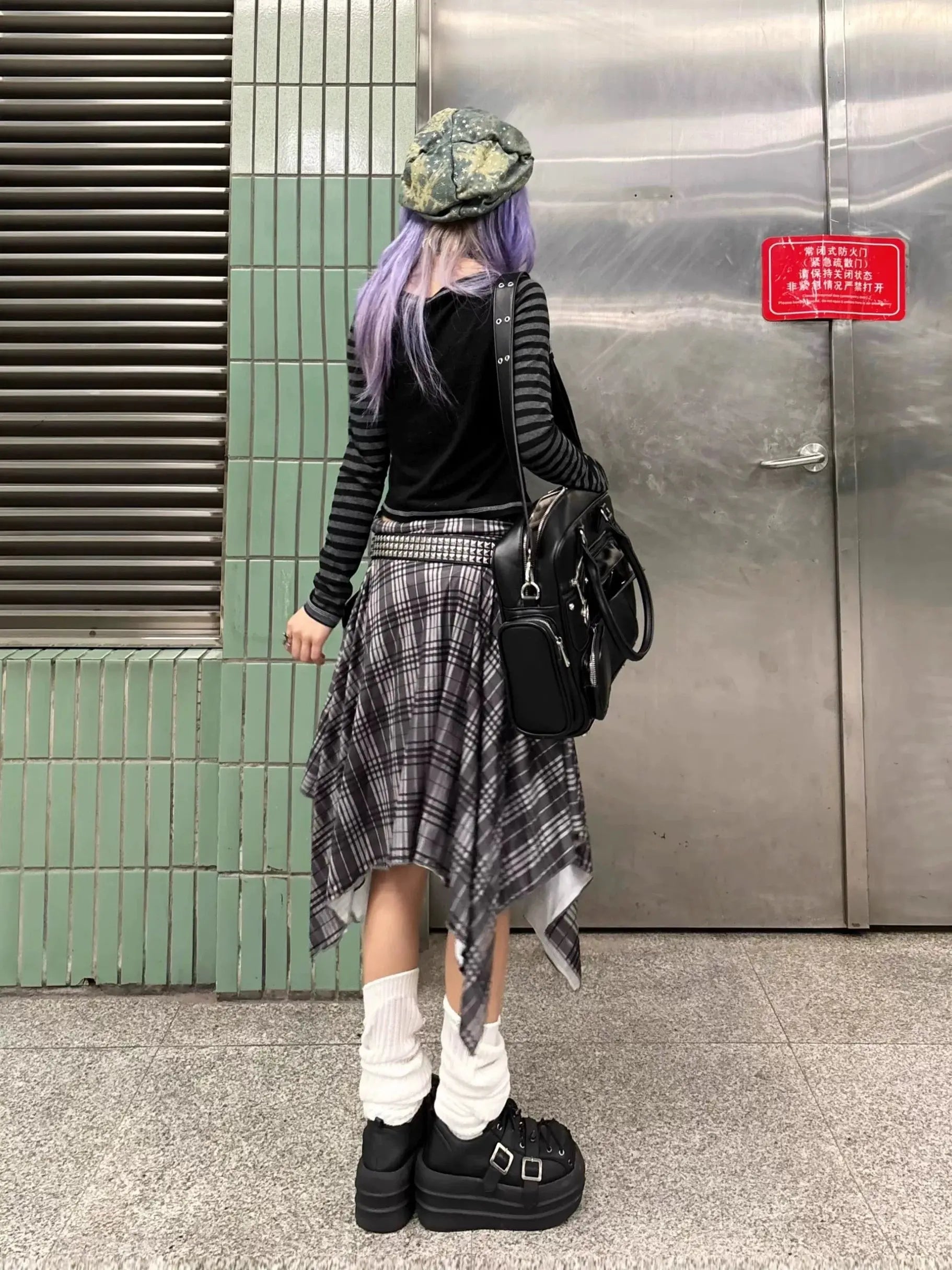 'Wallflower' Grunge Checked Irregular Hem Midi Skirt AlielNosirrah