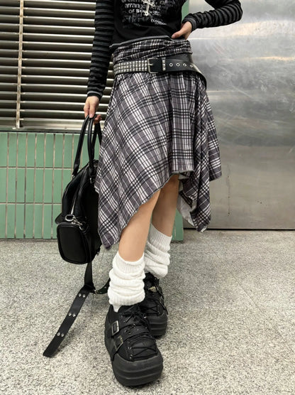 'Wallflower' Grunge Checked Irregular Hem Midi Skirt AlielNosirrah