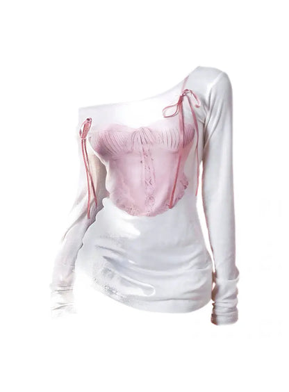 'White Swan' Coquette Ribbon Corset Print Shirts AlielNosirrah