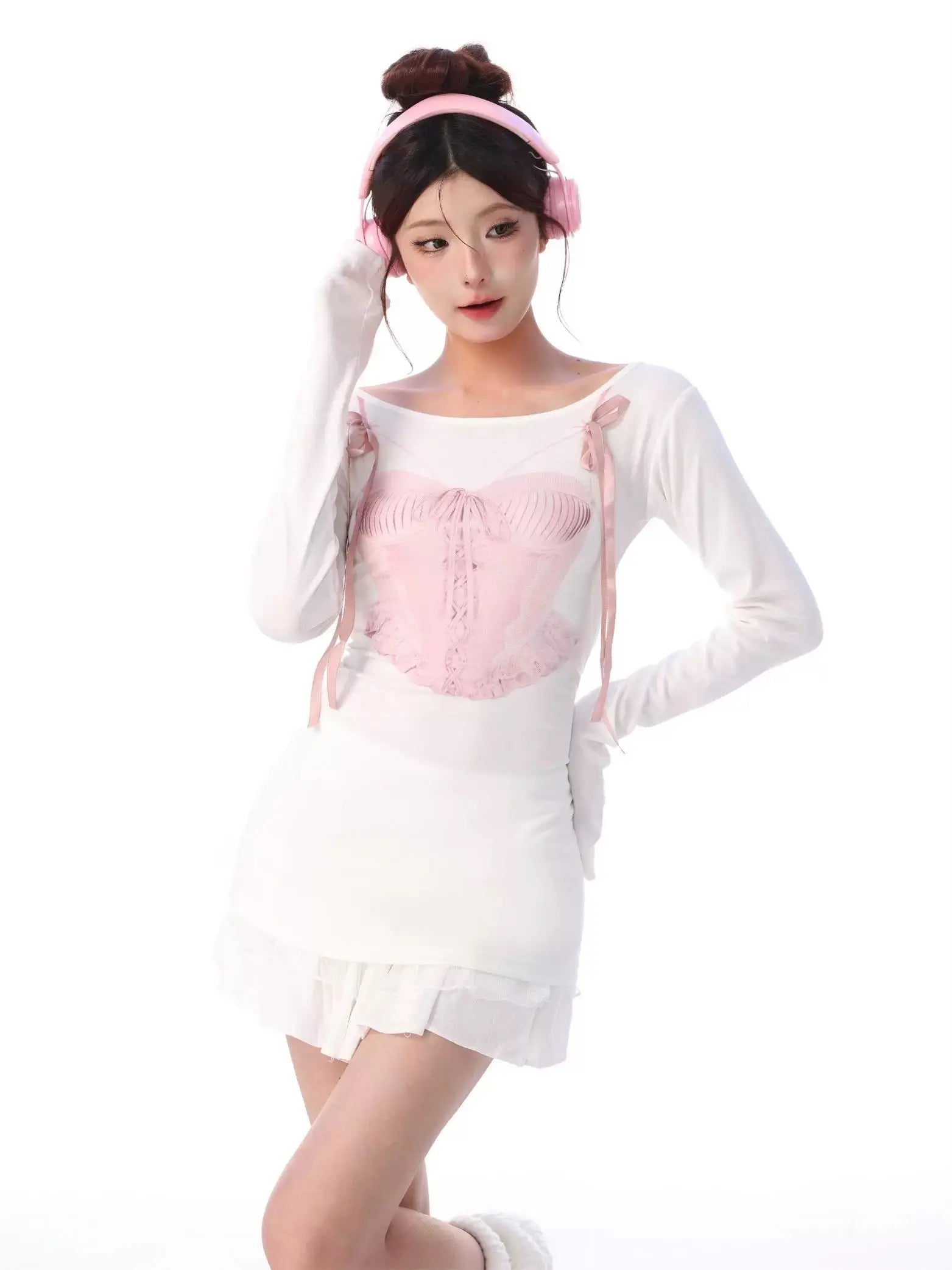 'White Swan' Coquette Ribbon Corset Print Shirts AlielNosirrah