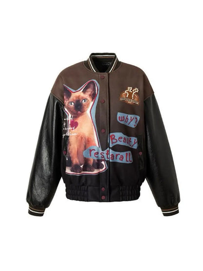 'Why?' Retro Cat Prints Bloke Core Puffer Vegan Leather Jacket AlielNosirrah