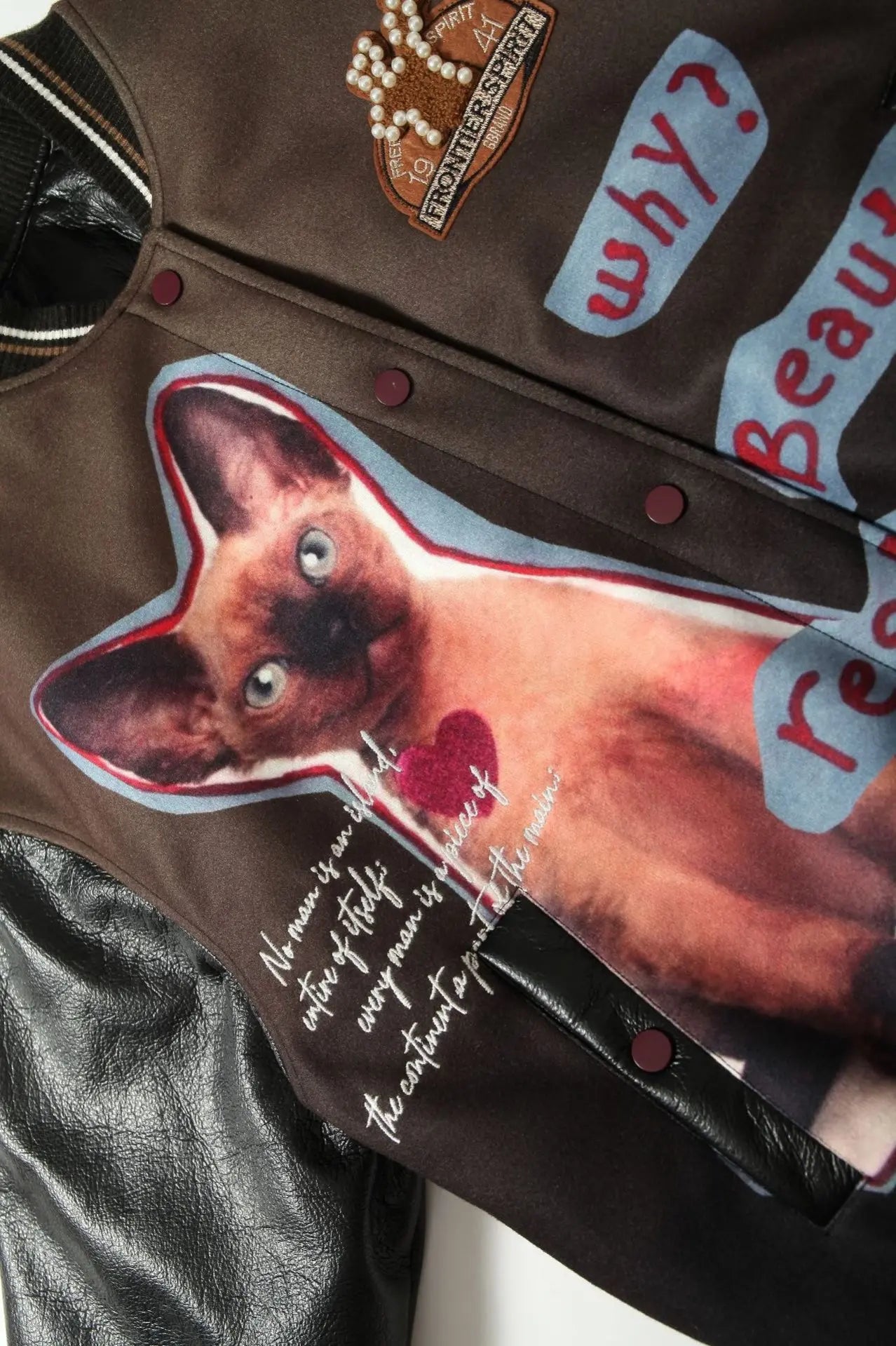 'Why?' Retro Cat Prints Bloke Core Puffer Vegan Leather Jacket AlielNosirrah