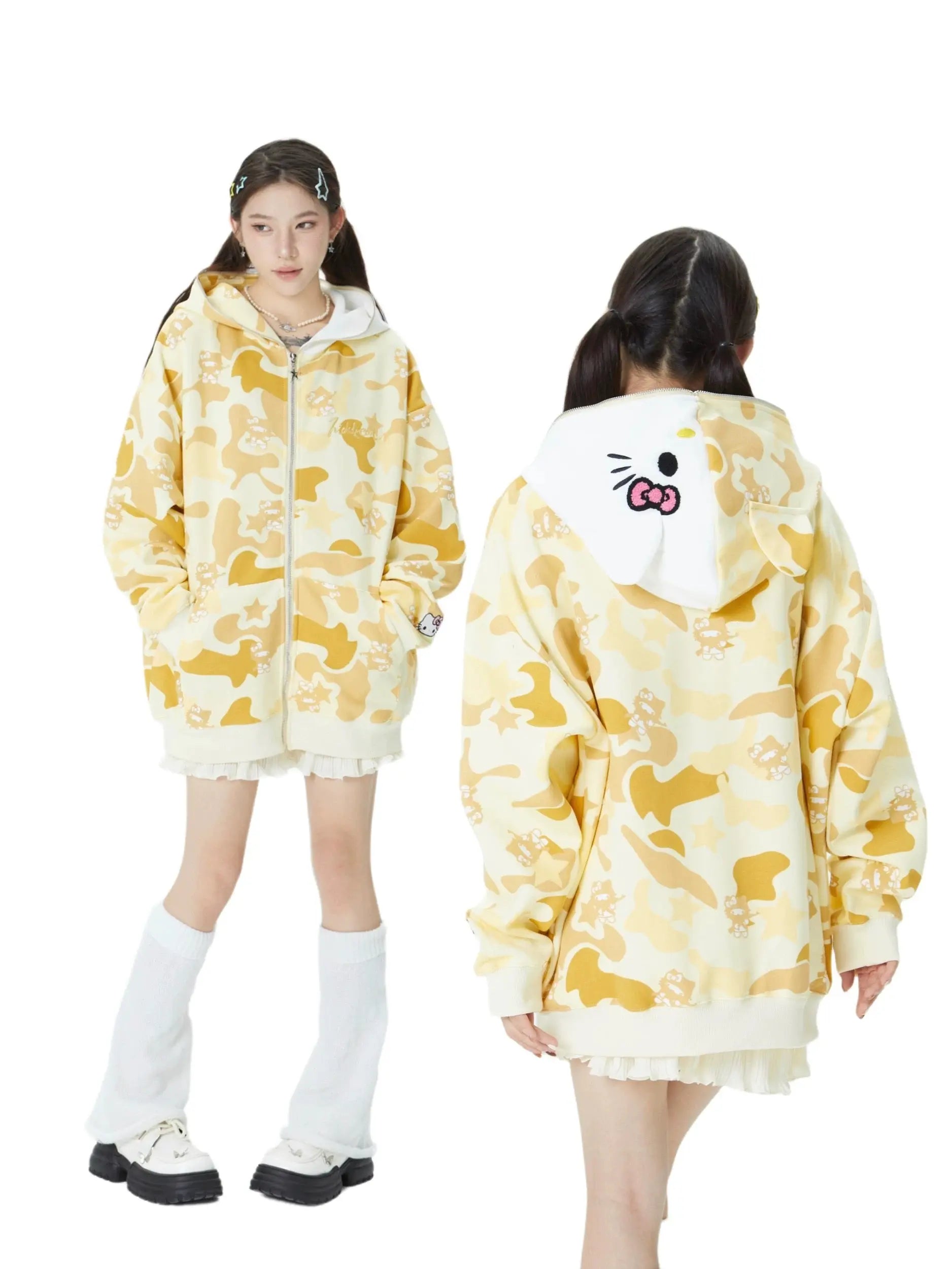 'Wild Kitty' Kawaii Kitty Face Zipped Oversized  Hoodie AlielNosirrah