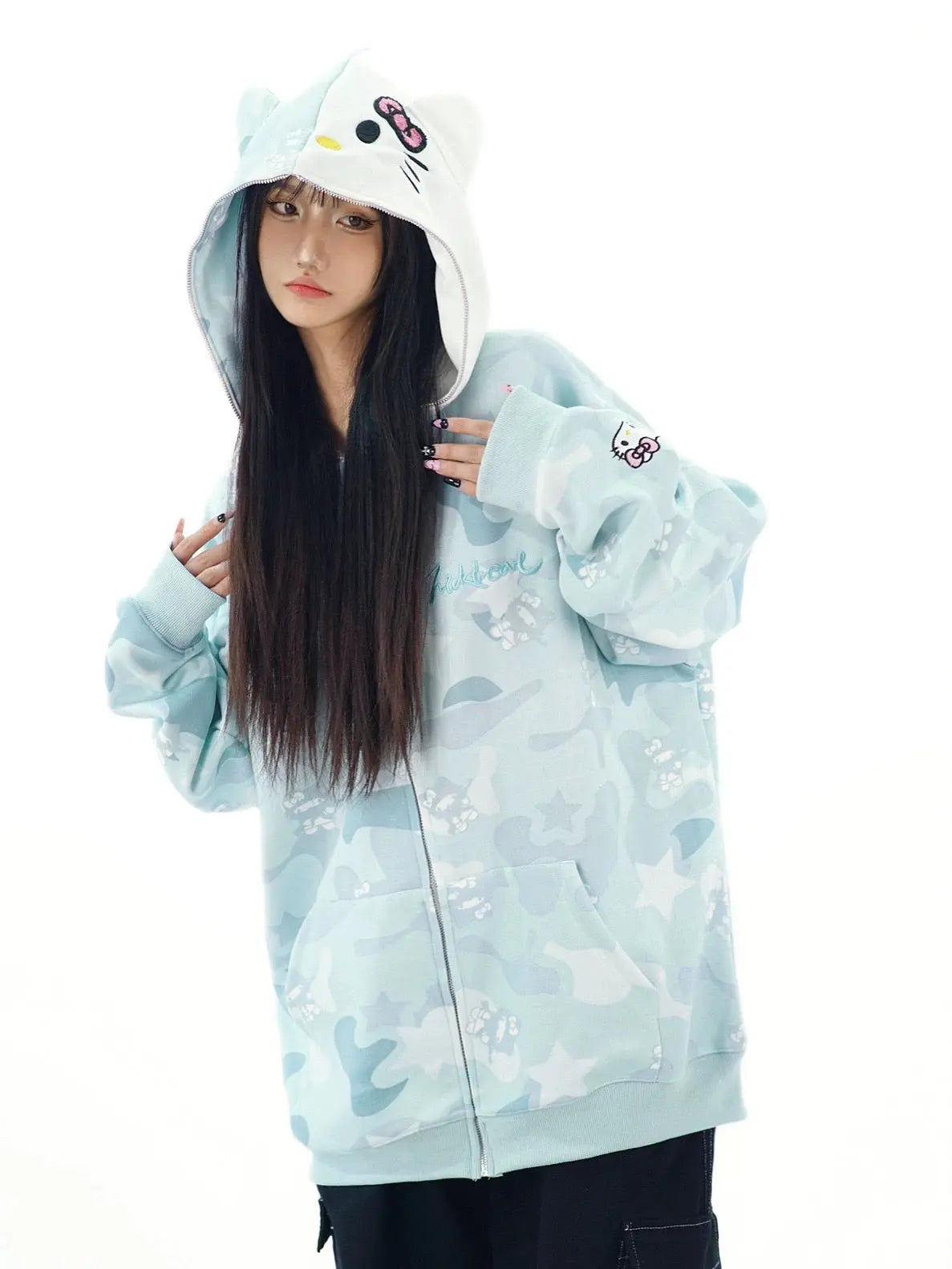 'Wild Kitty' Kawaii Kitty Face Zipped Oversized  Hoodie AlielNosirrah