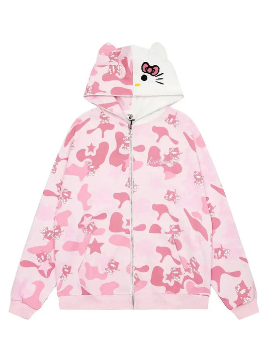 'Wild Kitty' Kawaii Kitty Face Zipped Oversized  Hoodie AlielNosirrah