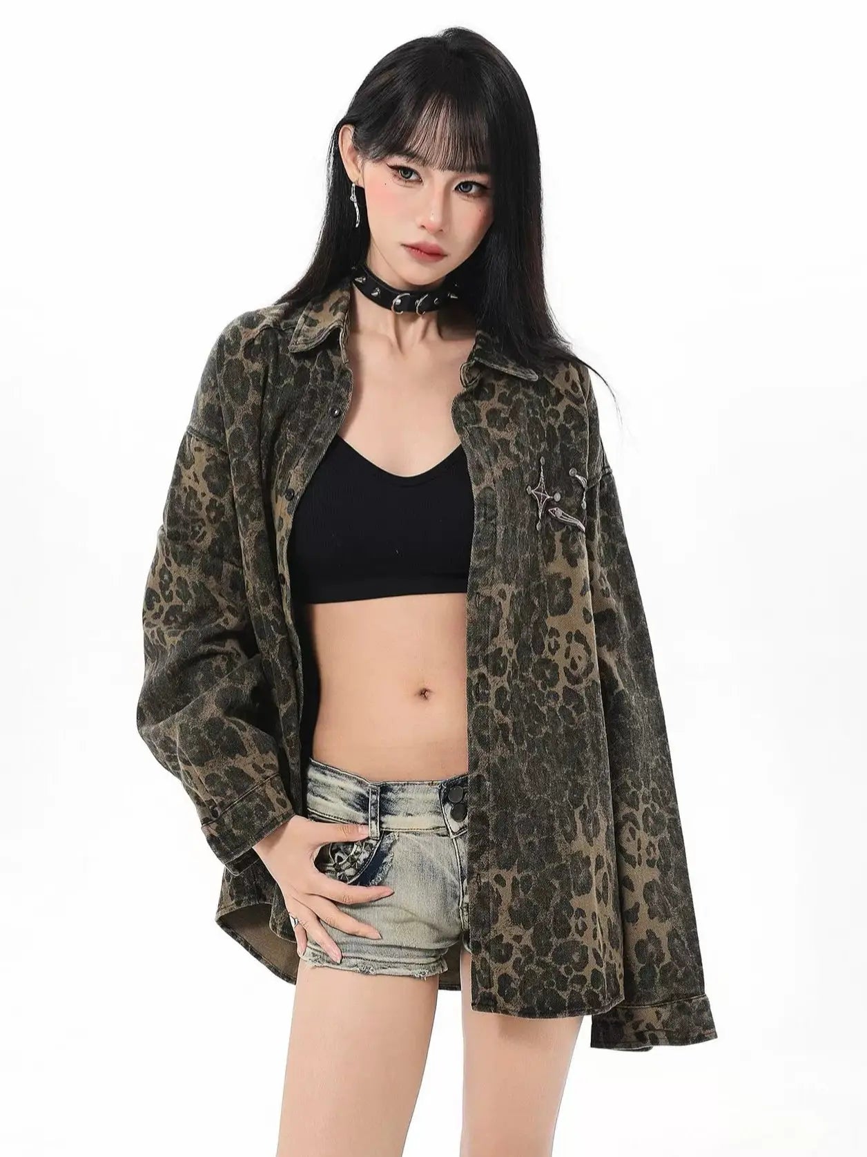 'Wild Life' Cheetah Prints Oversized Denim Shirts Jacket AlielNosirrah