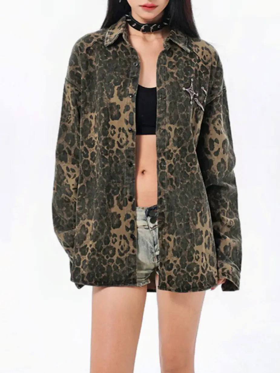 'Wild Life' Cheetah Prints Oversized Denim Shirts Jacket AlielNosirrah