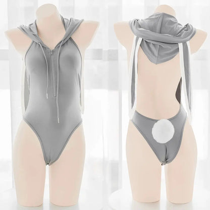 'Grey Rabbit' Kawaii Zip Up Hooded Bodysuit AlielNosirrah