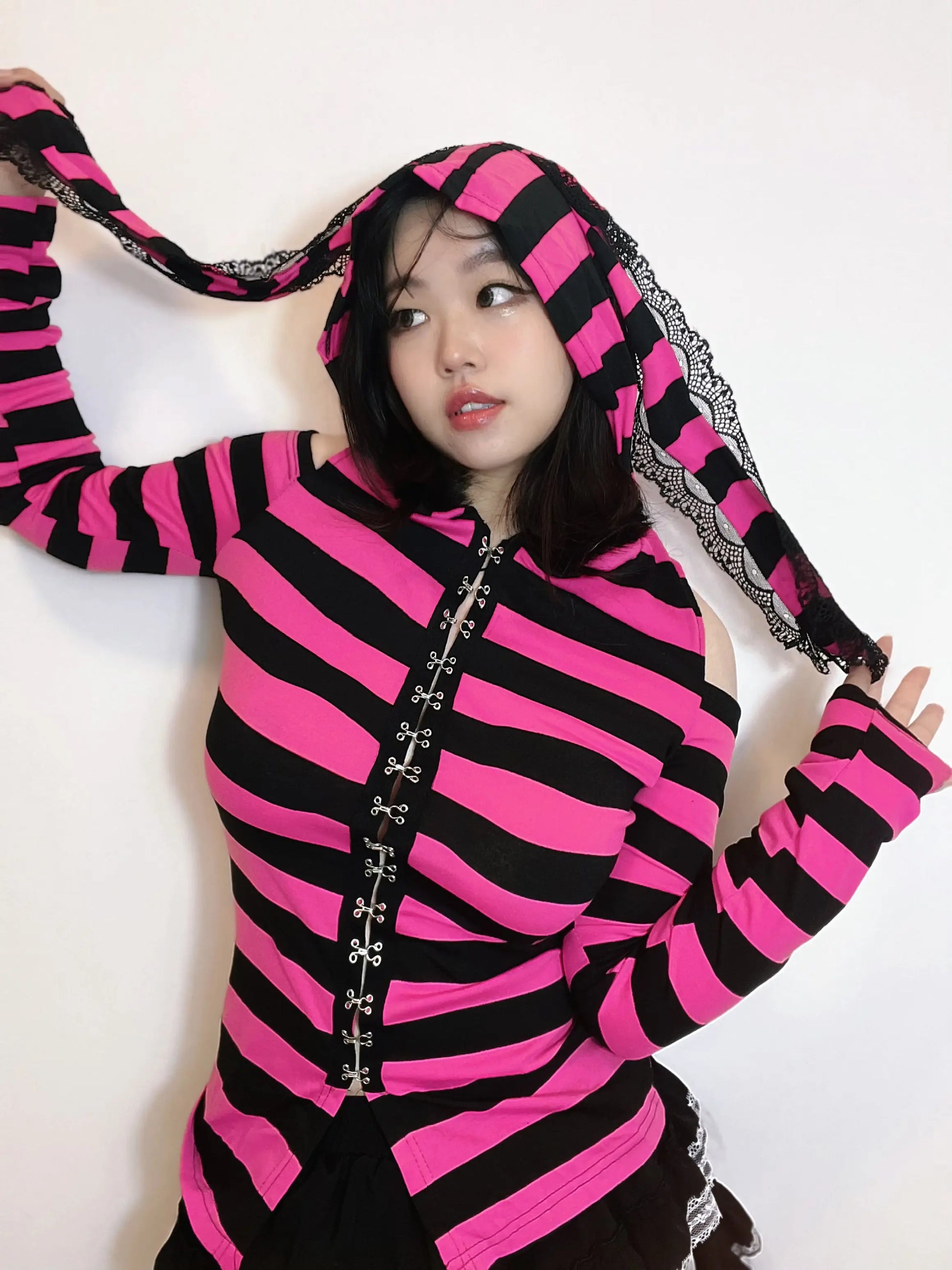 'Neon Rabbit' Kawaii Goth Pink Striped Rabbit Ear Top AlielNosirrah