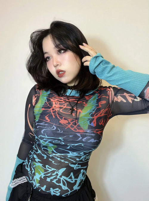 AlielNosirrah- 'Windy Summer' Y2k Patchwork Sleeves Graffiti Mesh Top